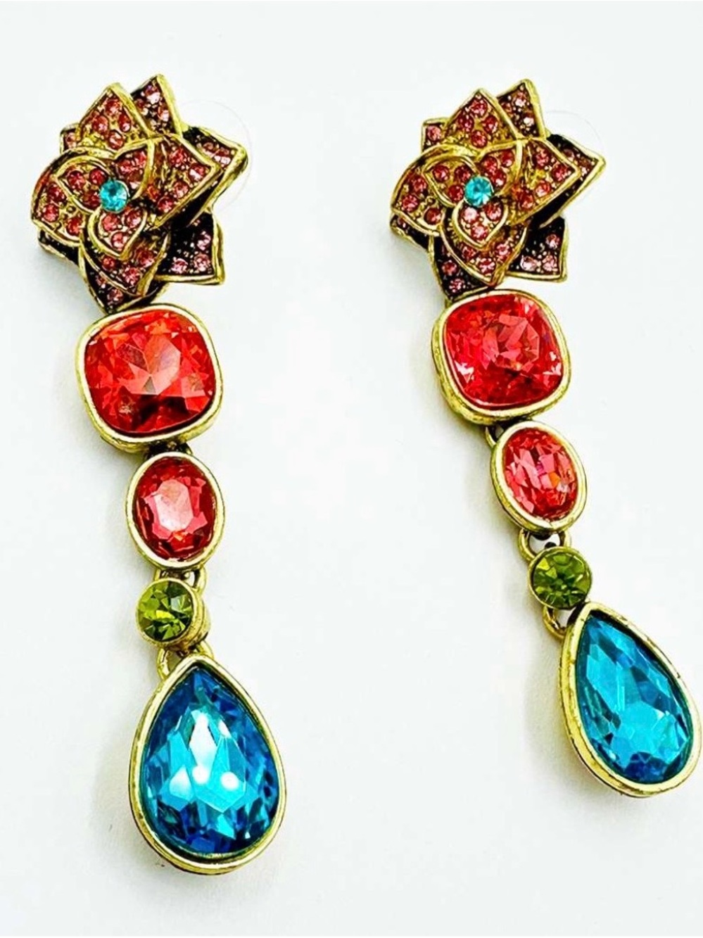 Heidi Daus Gold-Tone Multicolor Drop Earrings with Blue Teardrops